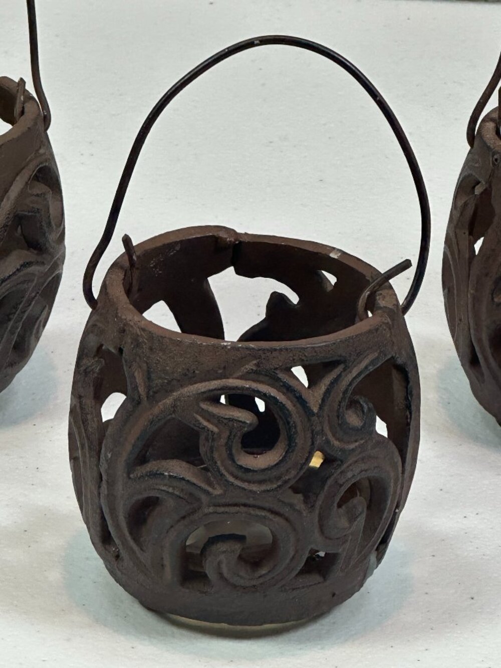 Old Vintage Cast Iron Votive Candle Lanterns Set of 3 Scrollwork Hanging Holders